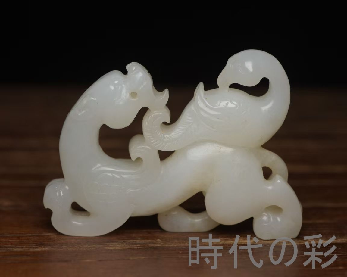 中国古美術『和田玉 龍鳳呈祥 6.2cm』純手作り 原石 根付 時代物 白玉