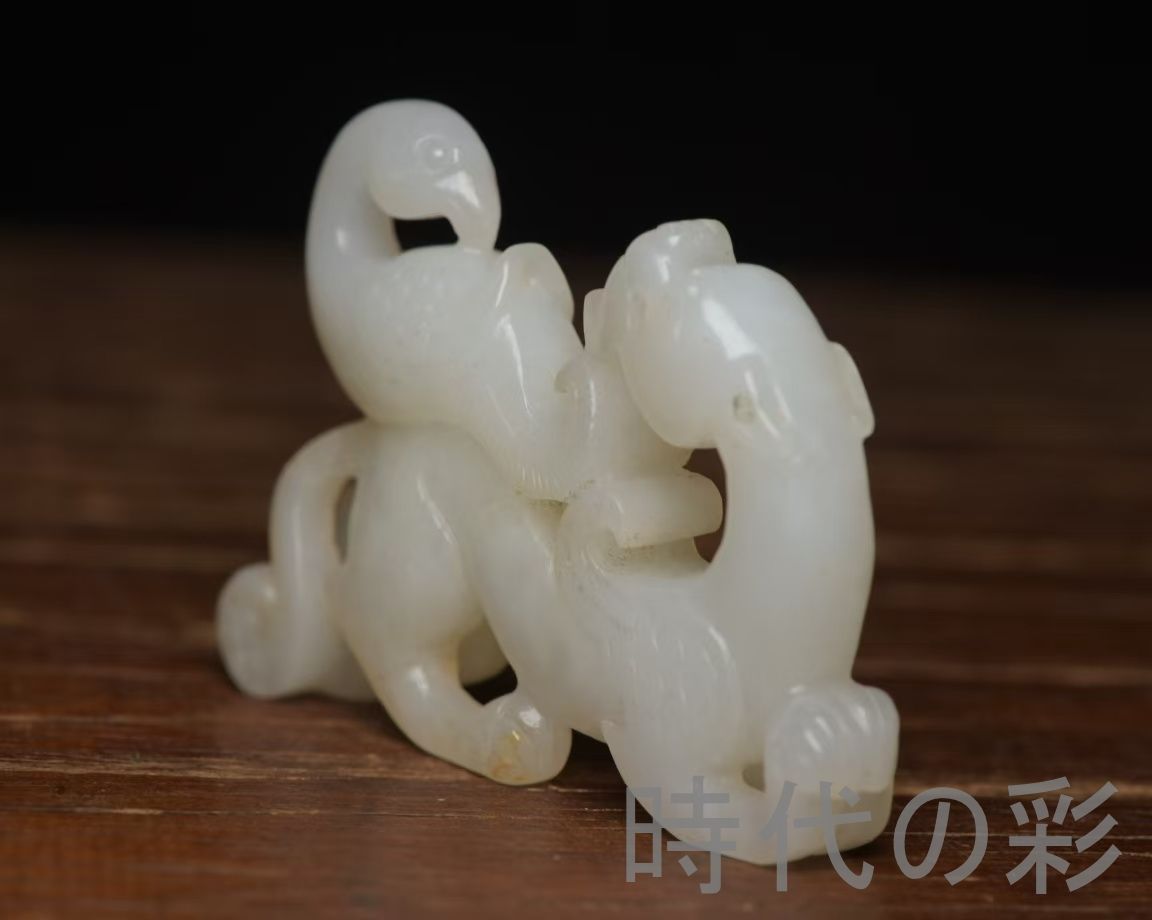 中国古美術『和田玉 龍鳳呈祥 6.2cm』純手作り 原石 根付 時代物 白玉