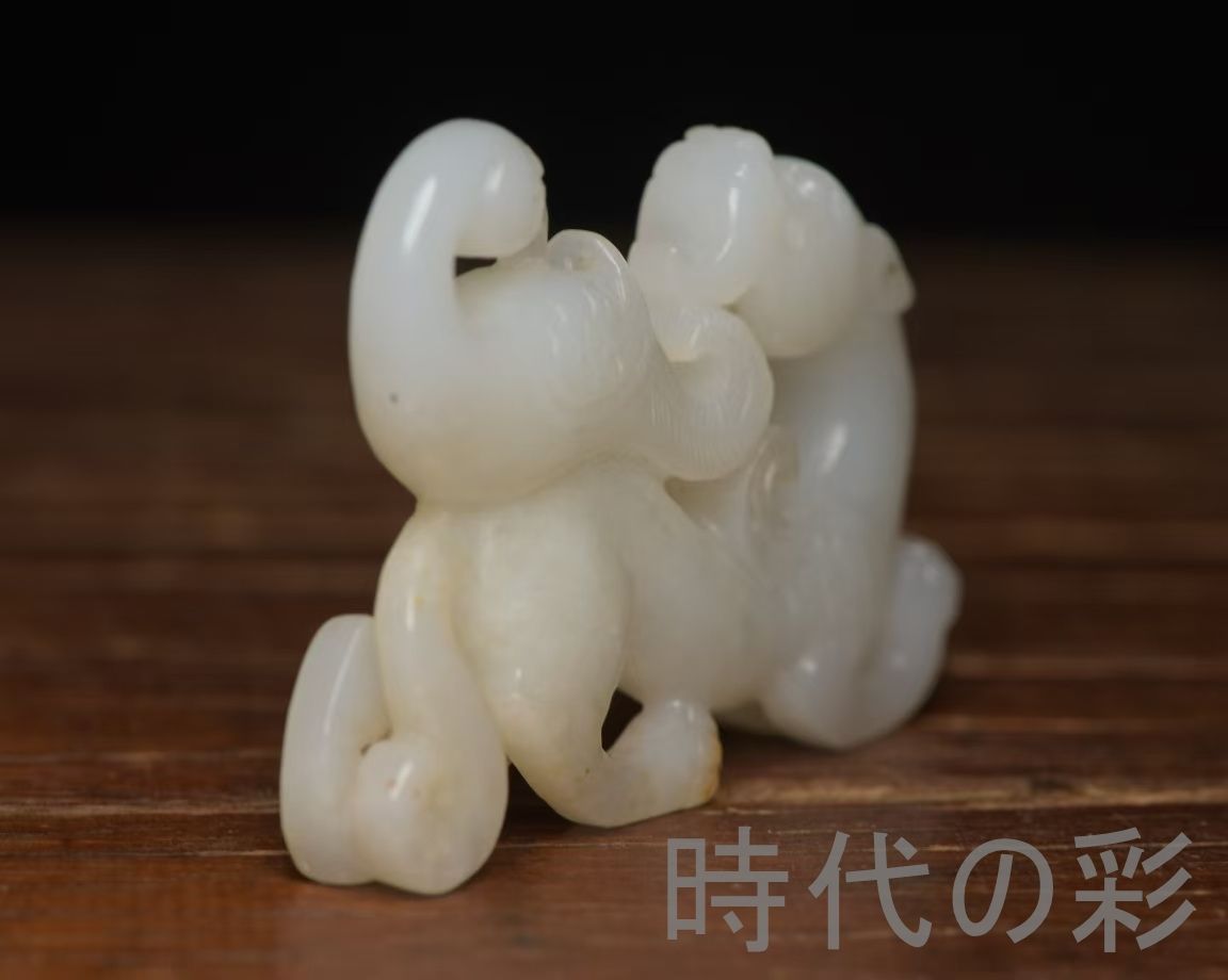 中国古美術『和田玉 龍鳳呈祥 6.2cm』純手作り 原石 根付 時代物 白玉