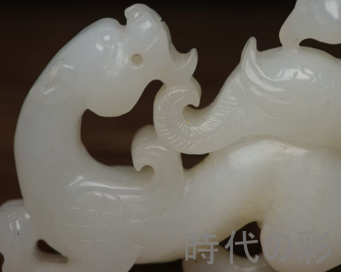 中国古美術『和田玉 龍鳳呈祥 6.2cm』純手作り 原石 根付 時代物 白玉