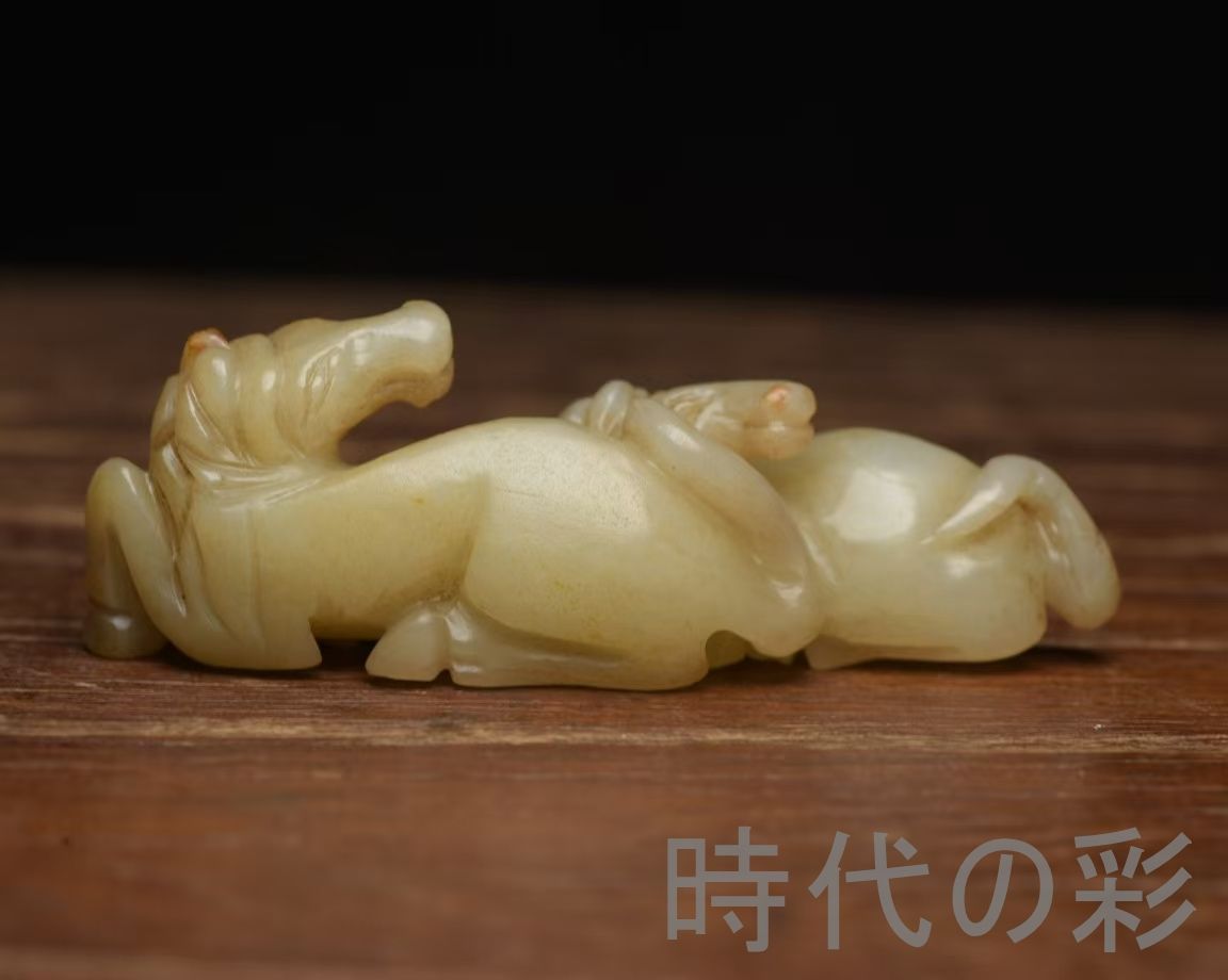 中国古美術『和田玉 双馬 8.2cm』純手作り 原石 根付 時代物 白玉 和田