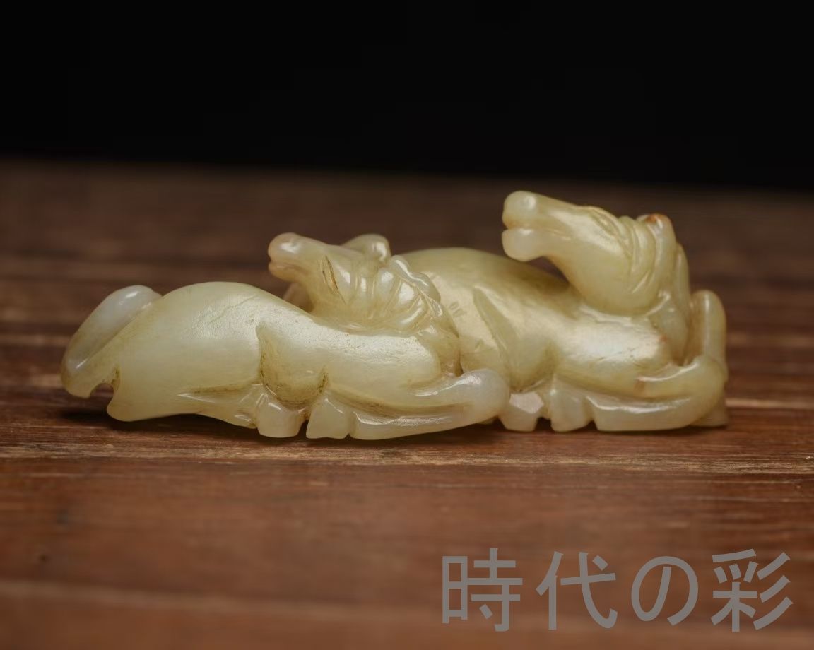 中国古美術『和田玉 双馬 8.2cm』純手作り 原石 根付 時代物 白玉 和田