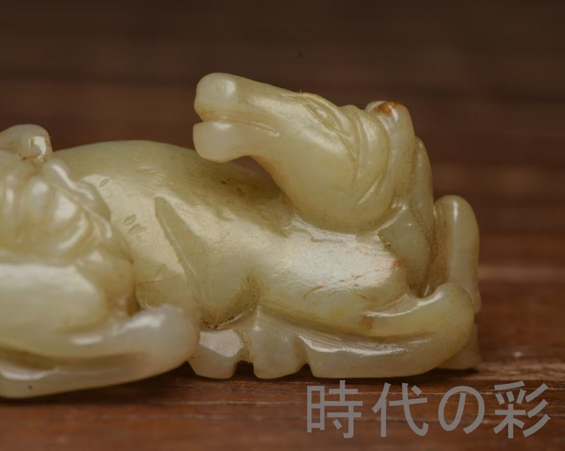 中国古美術『和田玉 双馬 8.2cm』純手作り 原石 根付 時代物 白玉 和田