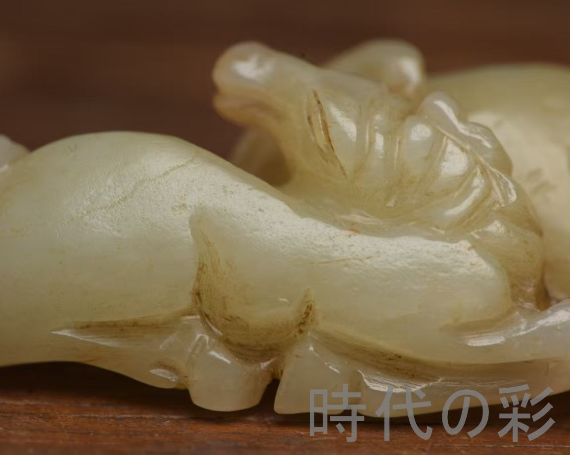 中国古美術『和田玉 双馬 8.2cm』純手作り 原石 根付 時代物 白玉 和田