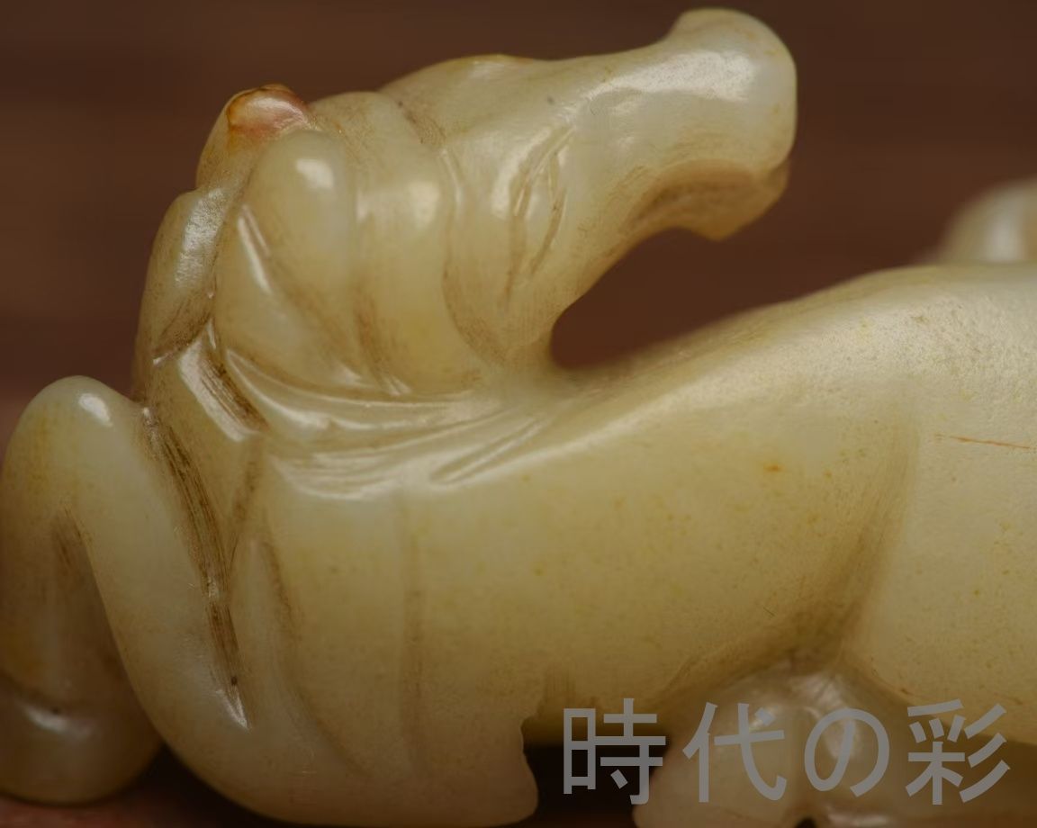 中国古美術『和田玉 双馬 8.2cm』純手作り 原石 根付 時代物 白玉 和田