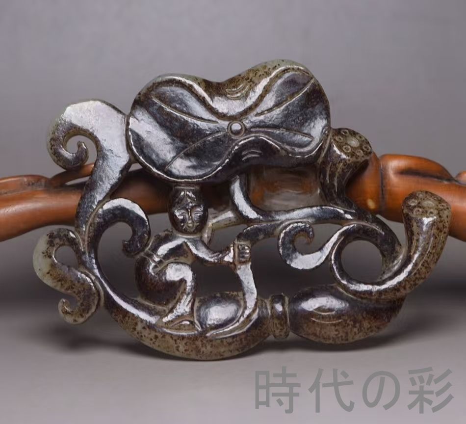 中国古美術『和田玉 持蓮童子 11cm』純手作り 原石 根付 時代物 白玉