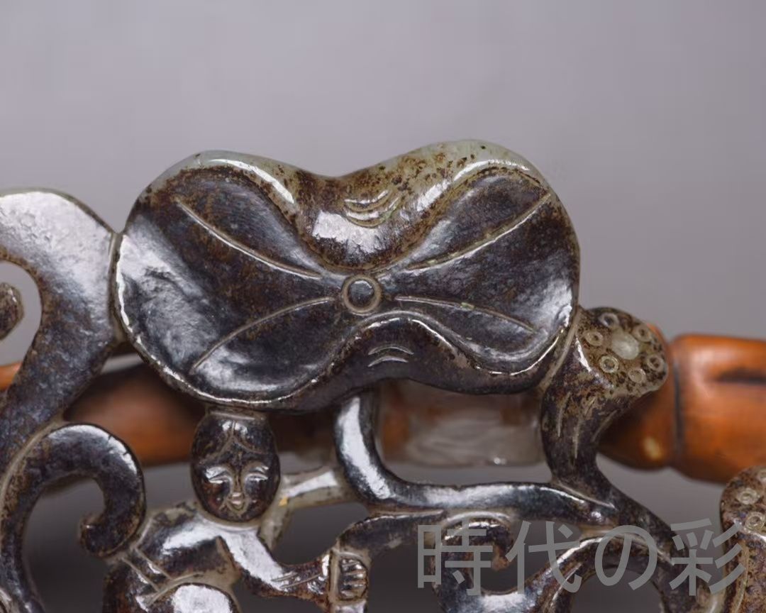 中国古美術『和田玉 持蓮童子 11cm』純手作り 原石 根付 時代物 白玉