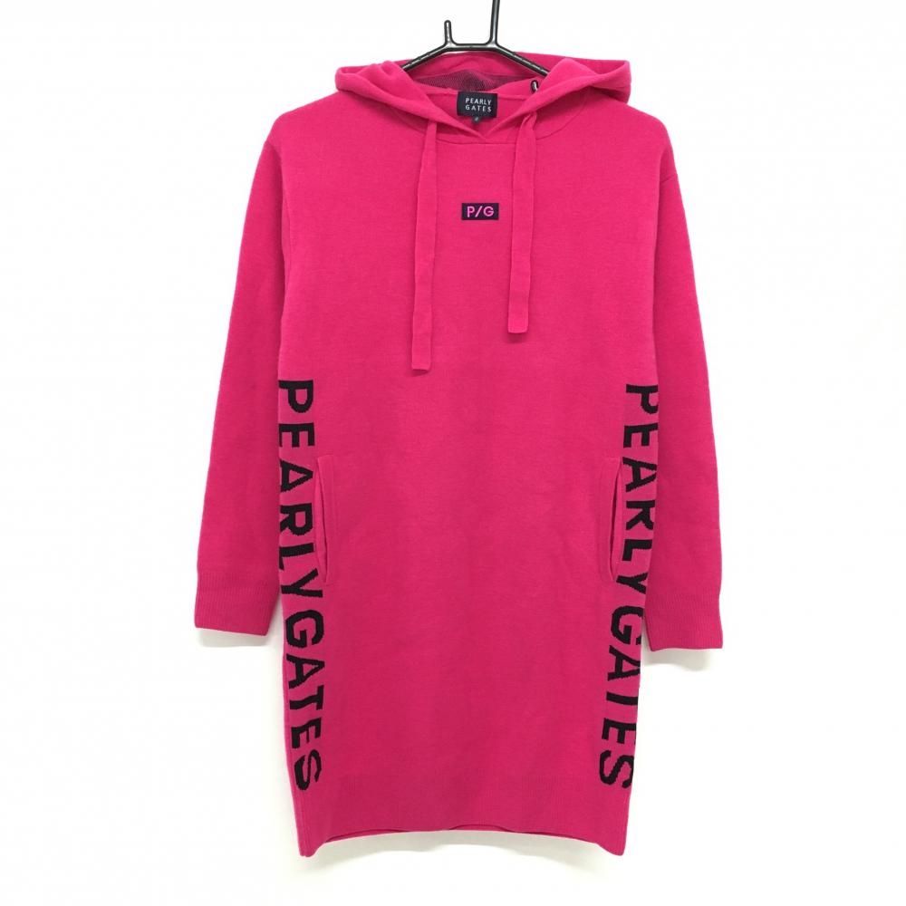 美品】パーリーゲイツ ニットワンピース ピンク×ネイビー フード付