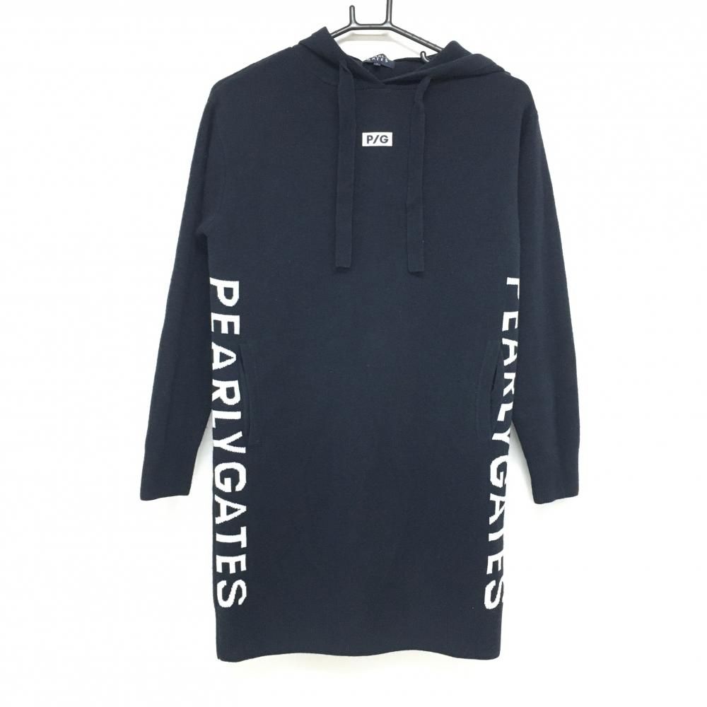 パーリーゲイツ ニットワンピース ネイビー×白 フード付 ウール混 サイドロゴ レディース 0 S ゴルフウェア PEARLY GATES