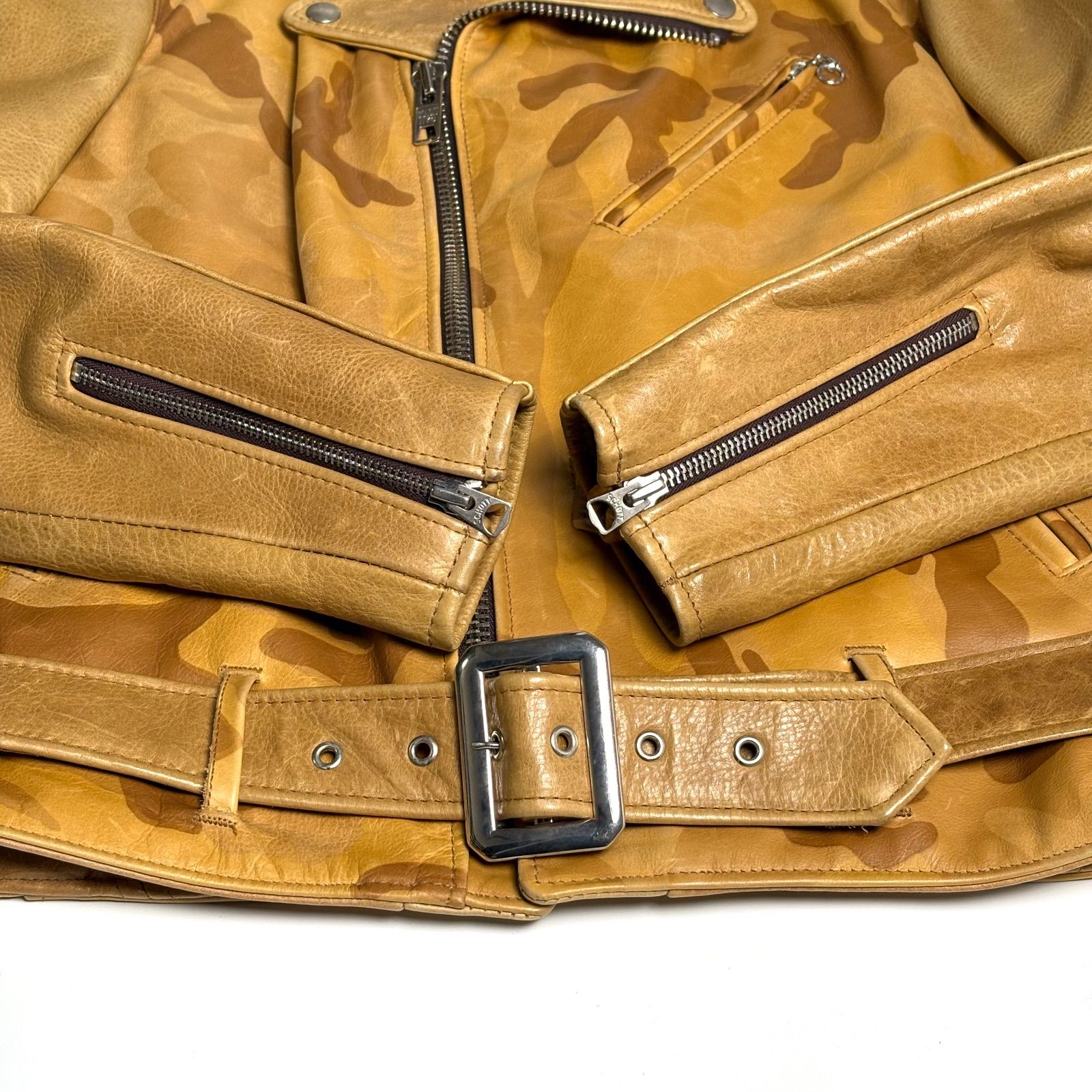 米国製】Schott レザー ライダースジャケット 迷彩 キャメル系