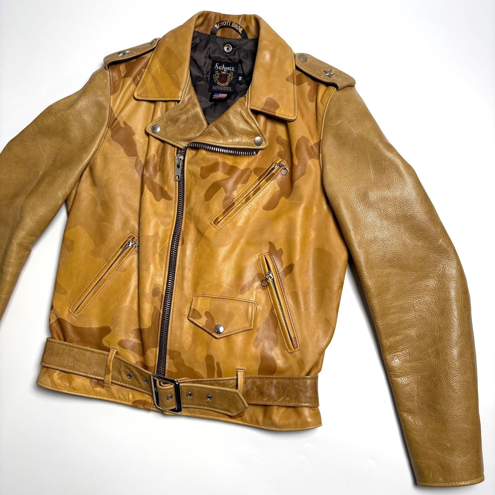 米国製】Schott レザー ライダースジャケット 迷彩 キャメル系
