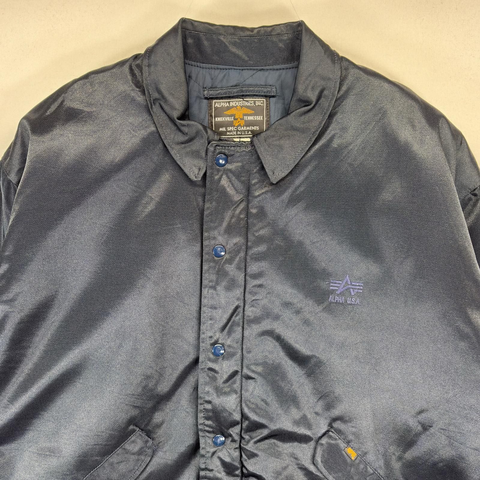 古着 アルファ ALPHA ナイロンジャケット 大きいサイズ フルジップ ミリタリー 裏地キルティング 中綿 46 XXL ネイビー系 メンズ