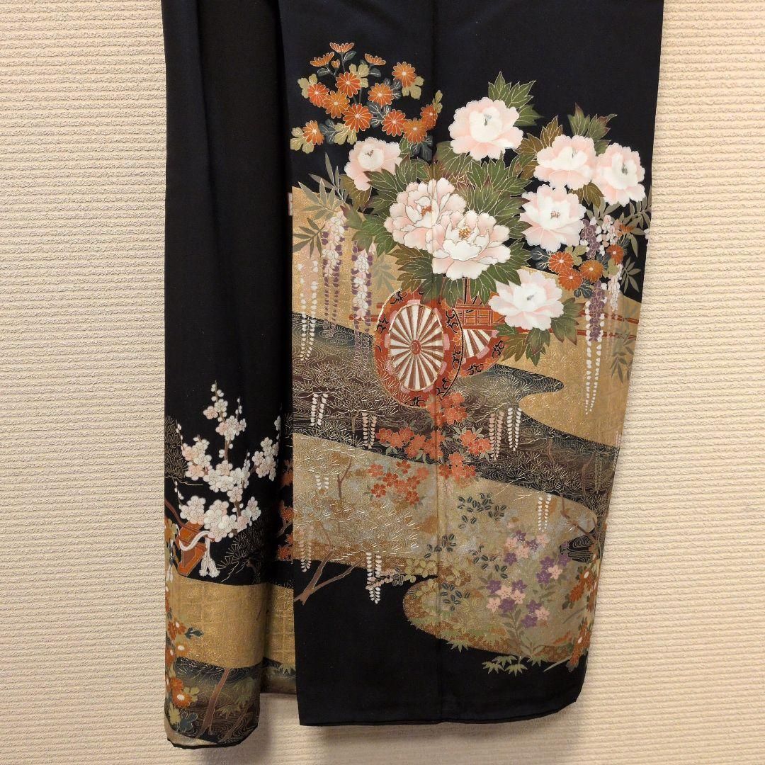 TWA01.ブランド後藤久美子 正絹黒留袖 駒刺繍花車文 暈し染め金彩逸品