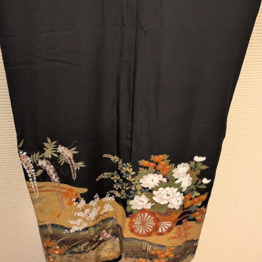 TWA01.ブランド後藤久美子 正絹黒留袖 駒刺繍花車文 暈し染め金彩逸品