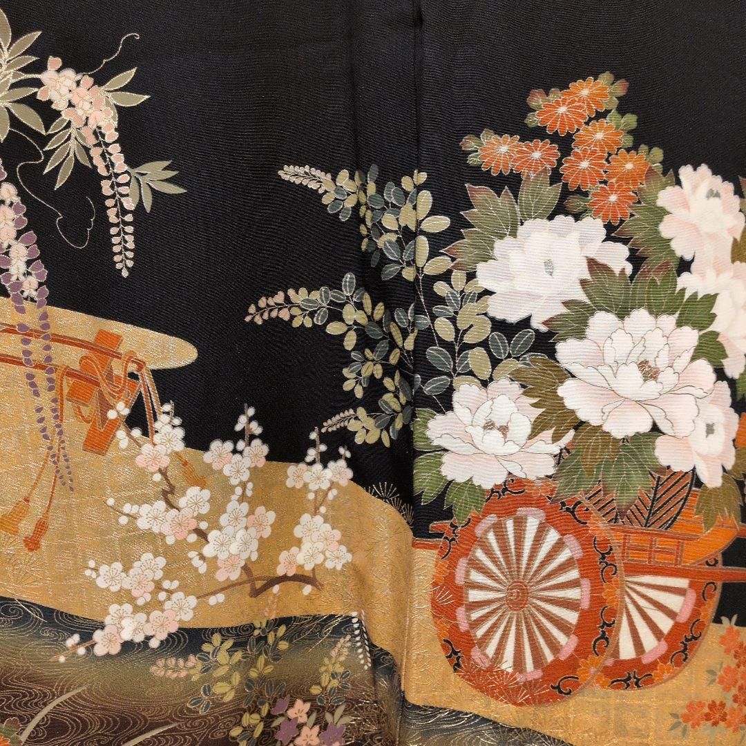 TWA01.ブランド後藤久美子 正絹黒留袖 駒刺繍花車文 暈し染め金彩逸品