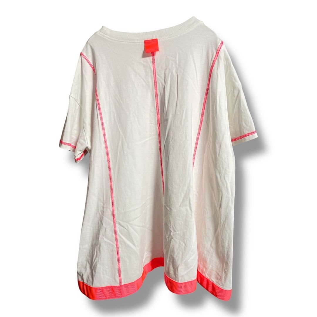 リンカブル フ タグ Tシャツ ステッチ プルオーバー 半袖 ライン ネオン トップス レディース サイズFree ホワイト×ネオンピンク 夏 2 No.K 986