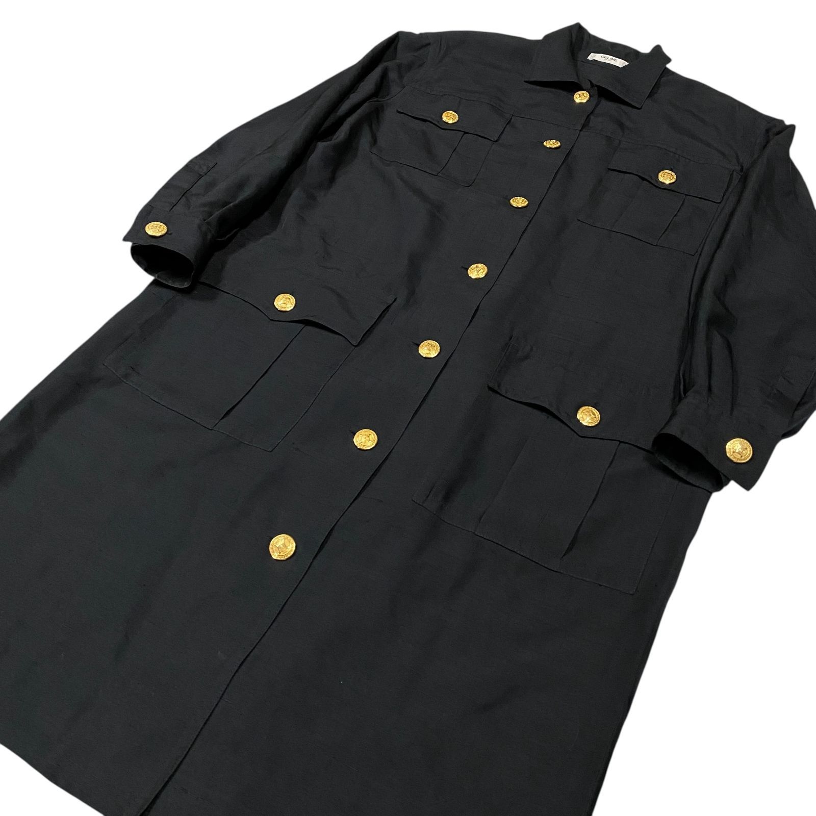 希少 CELINE セリーヌ シルク100% シャツワンピース トリオンフ ロゴ