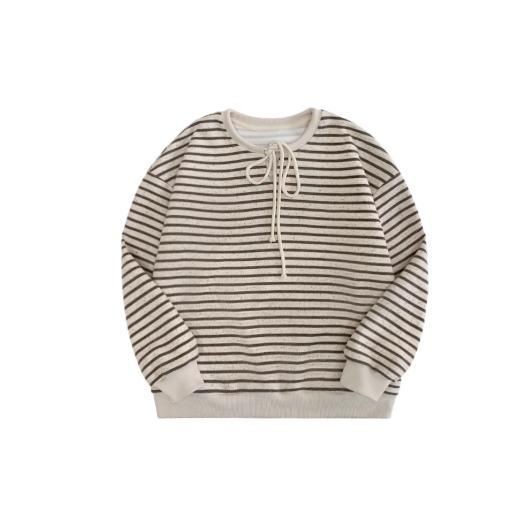 ラウンドネック 日本風スウェット レディース 春秋 小柄向け レトロボーダー ゆったりトップス