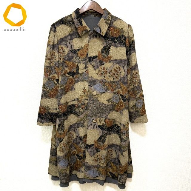 詩仙堂 ヒトシタムラ☆ちりめん 和柄 コート ロング カーディガンリバーシブル anc Ts コレクション 詩仙堂 ヒトシタムラ コート グレー系 ベージュ
