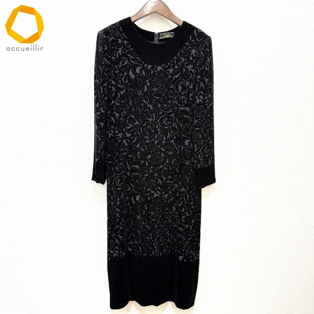 wnc レリアン Leilian ワンピース 9 黒 ベロア フロッキー 柄 シルク バックジップ レディース 945862