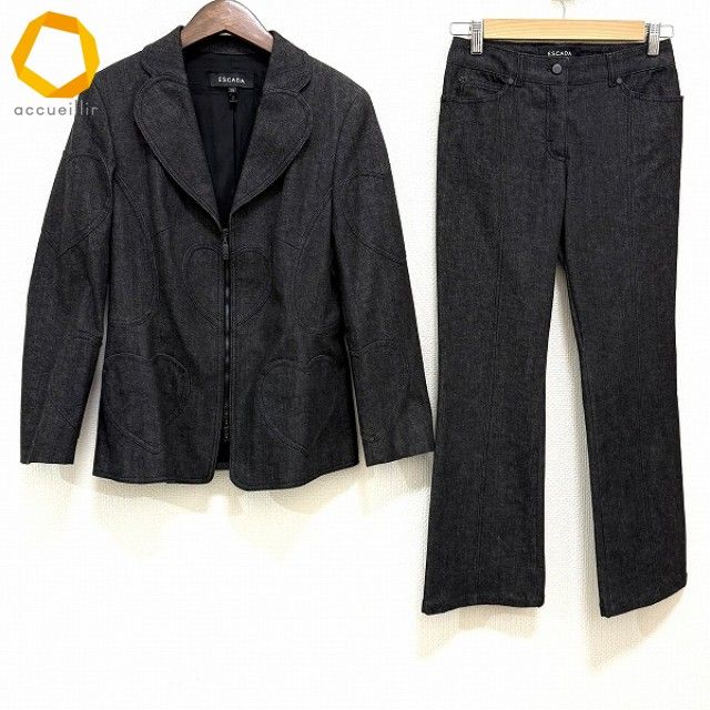 anc エスカーダ ESCADA セットアップ 黒系 ツーピース パンツ デニム ハート ジップアップ レディース 977244