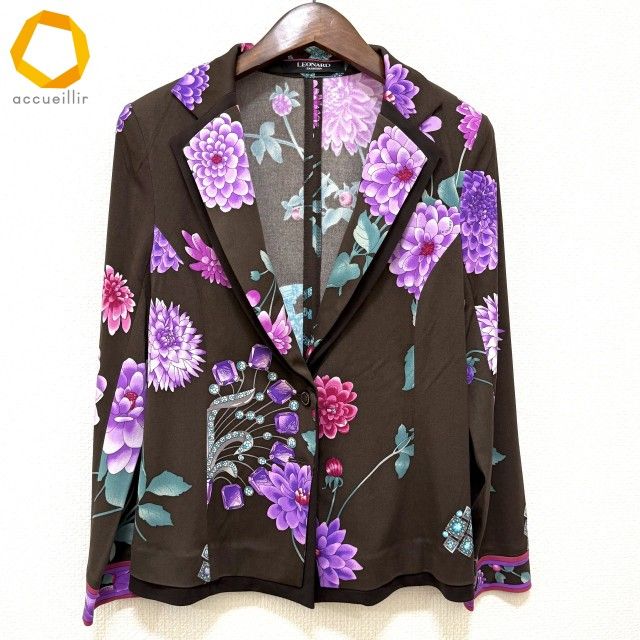 anc レオナール LEONARD ジャケット 38 茶 紫系 緑 花柄 薄手