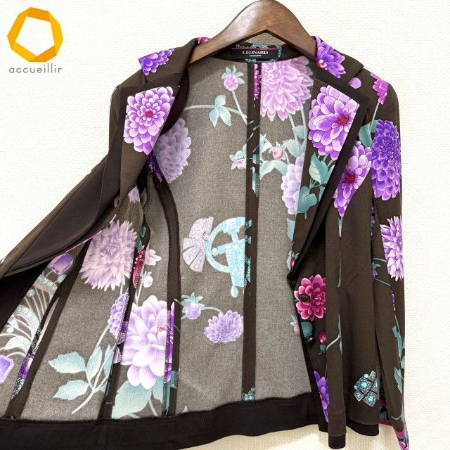 anc レオナール LEONARD ジャケット 38 茶 紫系 緑 花柄 薄手