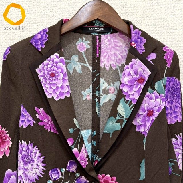 anc レオナール LEONARD ジャケット 38 茶 紫系 緑 花柄 薄手