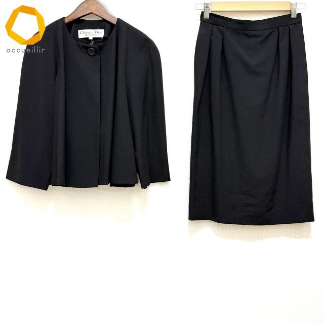 anc クリスチャンディオール ChristianDior スカートスーツ 11 黒 セットアップ ヴィンテージ ノーカラー 薄手 レディース 974188