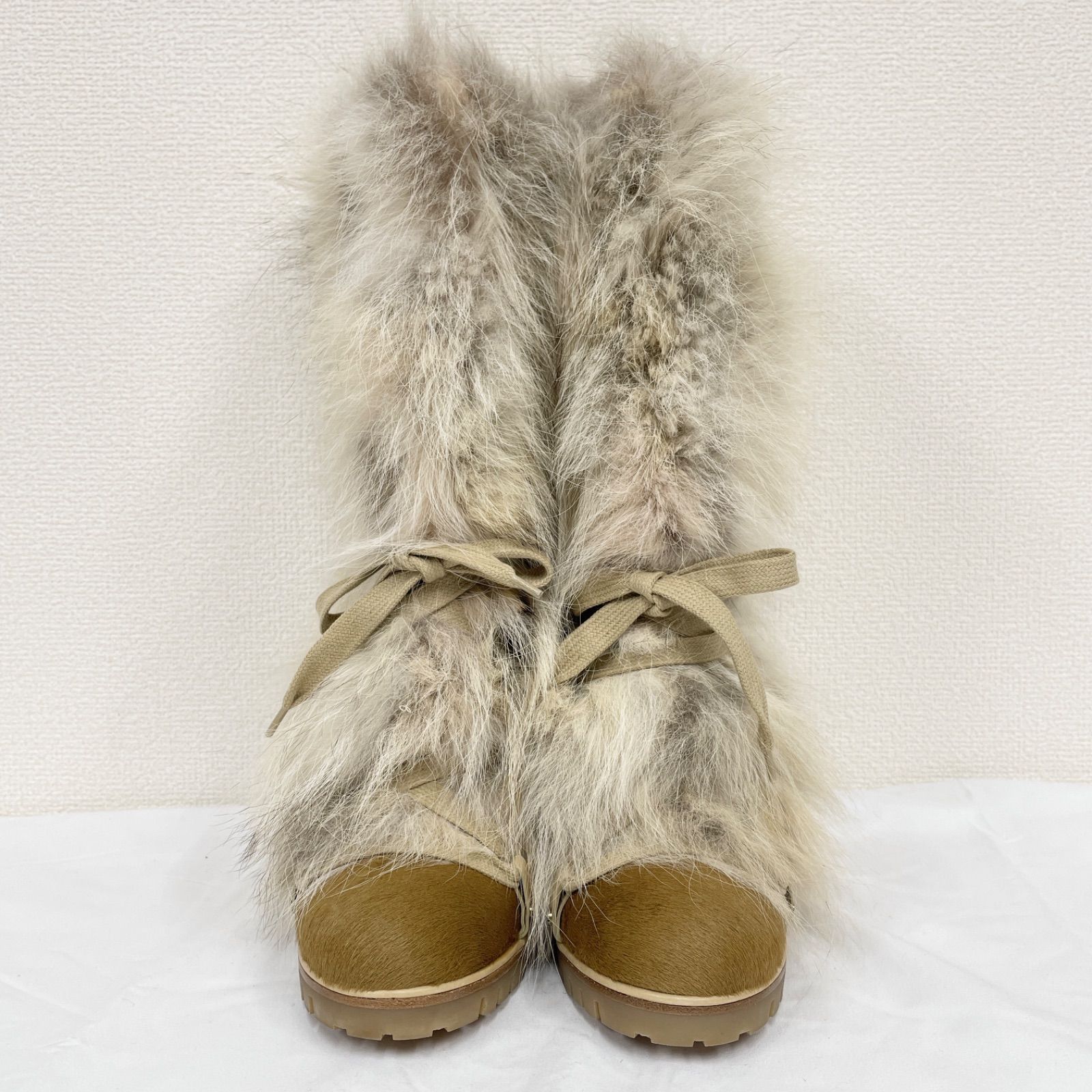 Chloe クロエ ロングブーツ ファー レースアップ レザー ベージュ レディース 37