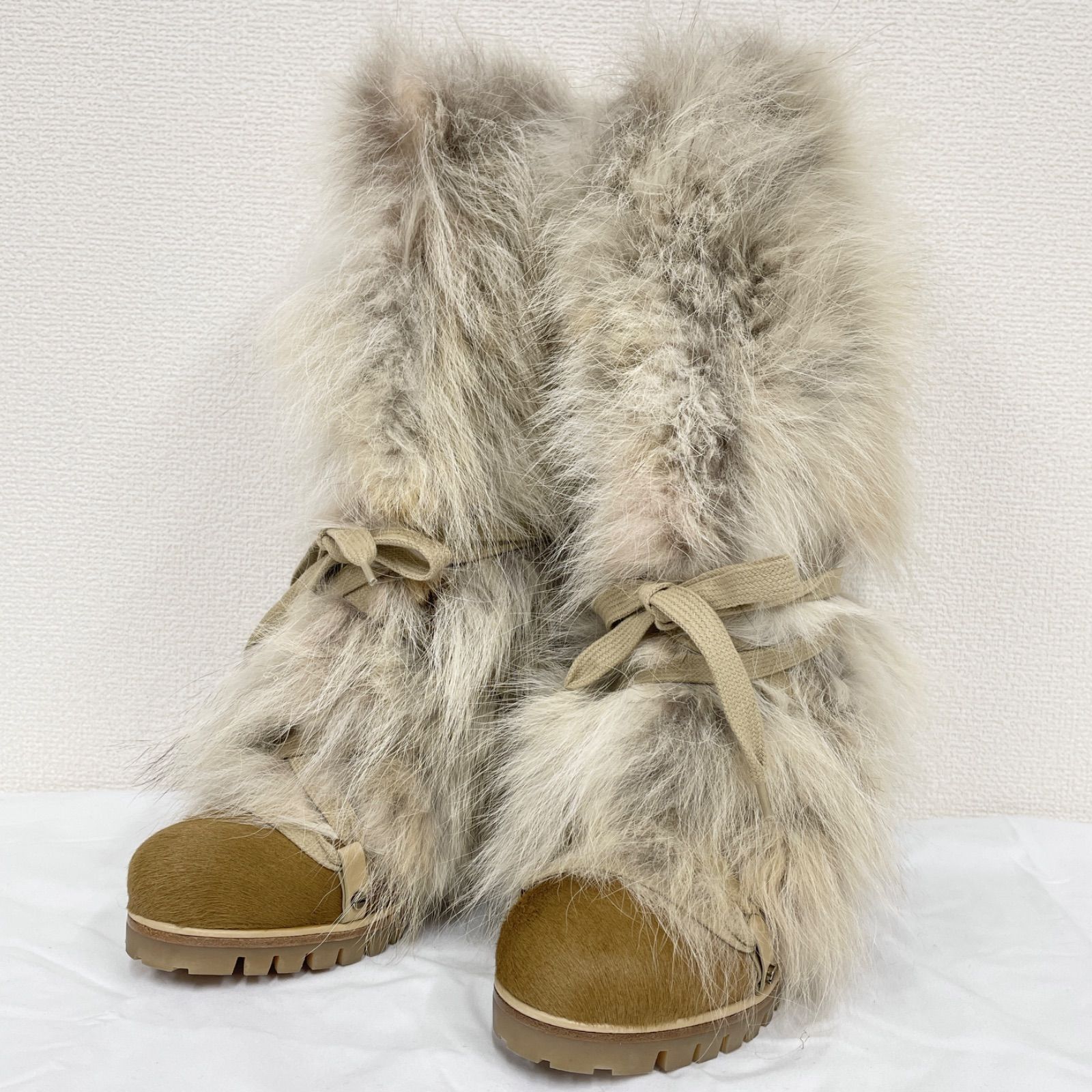 Chloe クロエ ロングブーツ ファー レースアップ レザー ベージュ レディース 37