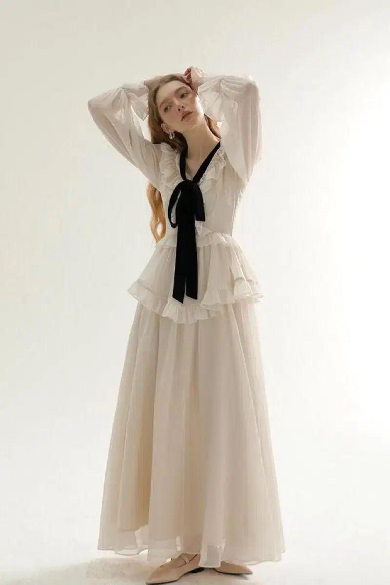 Mサイズ 微傷 Since Then デマンド フリル ロング丈ワンピース アイボリー リボンフリルドレス