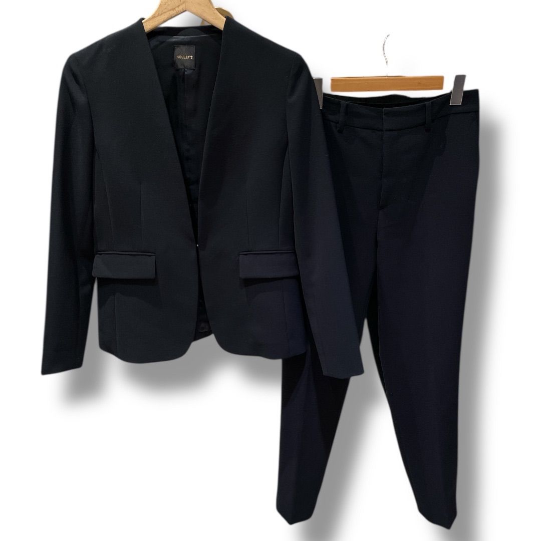 NOLLEY S ノーリーズ ウォッシャブルストレッチ ダブルクロスVネックJK PTセットアップ スーツ ノー テーパード ビジネス セレモニー ネイビー 紺 サイズ36 Sサイズ レディース ゴーゴー古着セントラルパー NO 1600