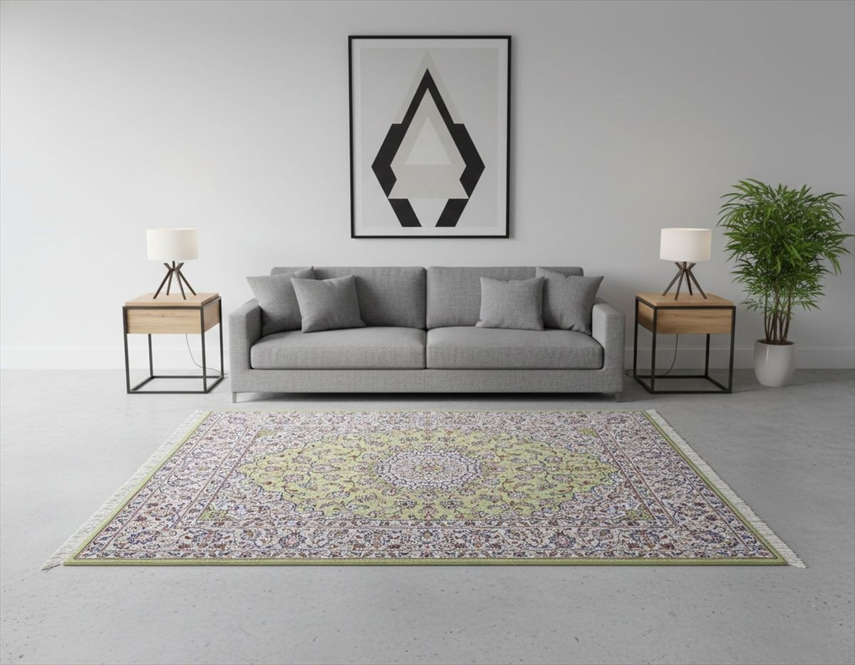 ペルシャ絨毯 カシャーン産 ライトグリーン エメラルドグリーン 若草色 195 x 150 cm PS 6956