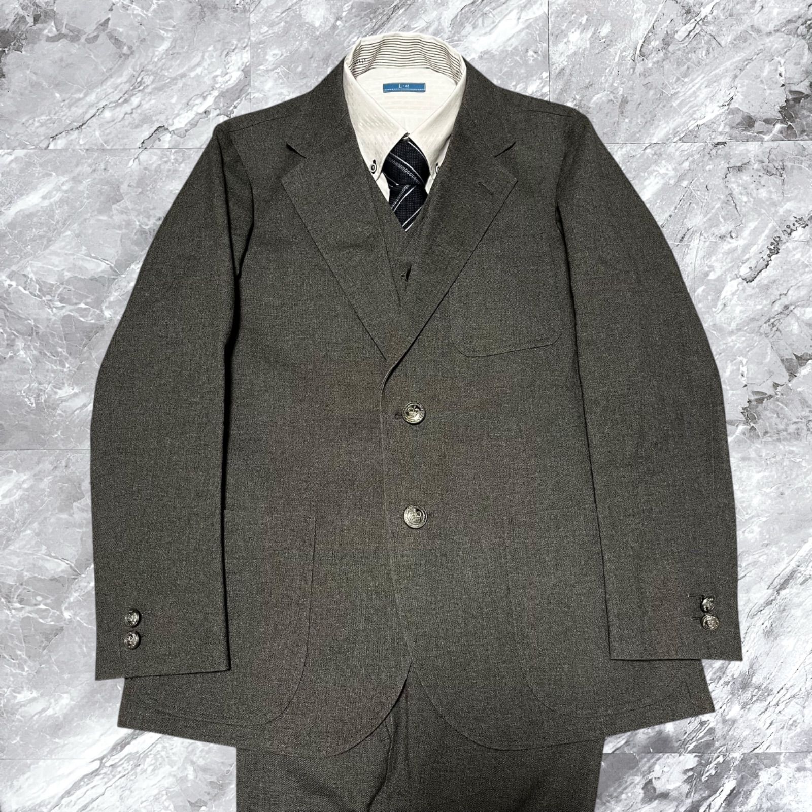 The Stylist Japan ザスタイリストジャパン 3ピース セットアップ スーツ ホップサック 銀ボタン メタルボタン 2 B 背抜き ノーベント 開き見せ チェック グレー 灰色 サイズM M L