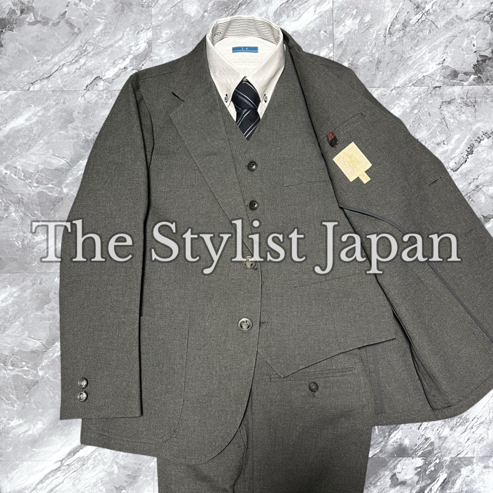 The Stylist Japan ザスタイリストジャパン 3ピース セットアップ スーツ ホップサック 銀ボタン メタルボタン 2 B 背抜き ノーベント 開き見せ チェック グレー 灰色 サイズM M L