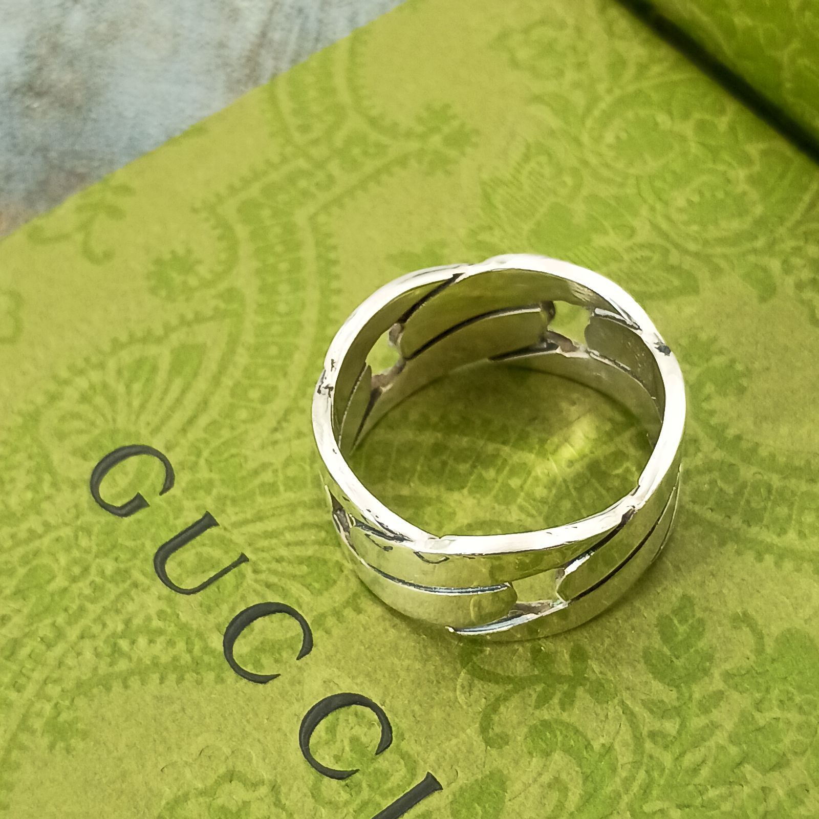 GUCCI グッチ 25号 チェーン 喜平 モチーフ ワイド リング シルバー925