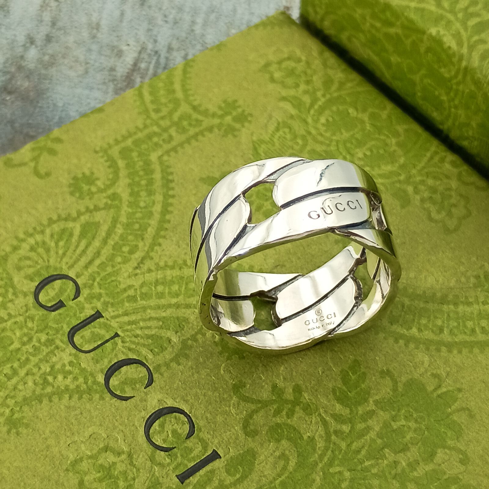 GUCCI グッチ 25号 チェーン 喜平 モチーフ ワイド リング シルバー925
