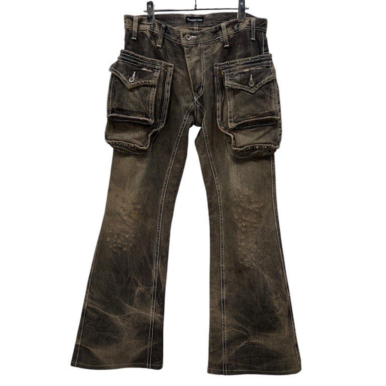 YASUYUKI ISHII ブラックデニムスタッズダメージ加工カーゴポケット