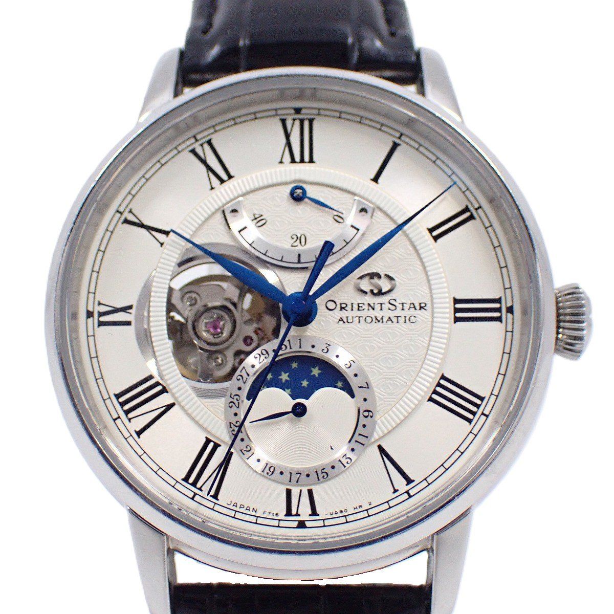 オリエントスター クラシック メカニカル ムーンフェイズ 自動巻き メンズ 腕時計 シルバー文字盤 革ベルト RK-AM 0001 S