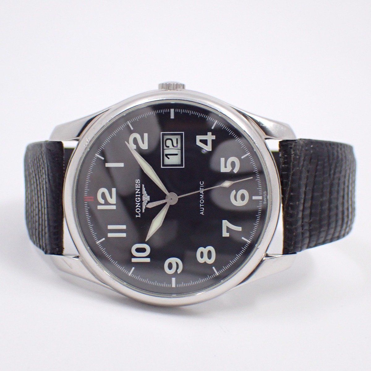 ロンジン マスター 自動巻き メンズ 腕時計 ビッグデイト 黒文字盤 社外ベルト L 2.648.4