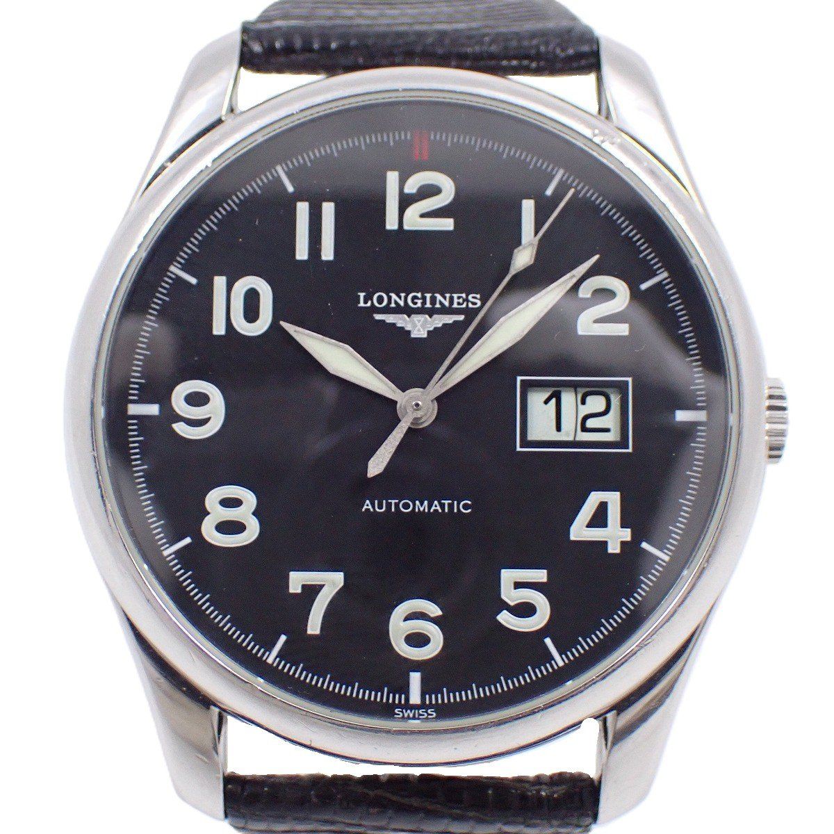 ロンジン マスター 自動巻き メンズ 腕時計 ビッグデイト 黒文字盤 社外ベルト L 2 648 4