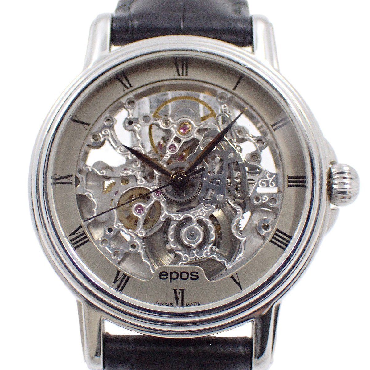EPOS エポス エモーション スケルトン 自動巻き メンズ 腕時計 シルバー文字盤 革ベルト 3336