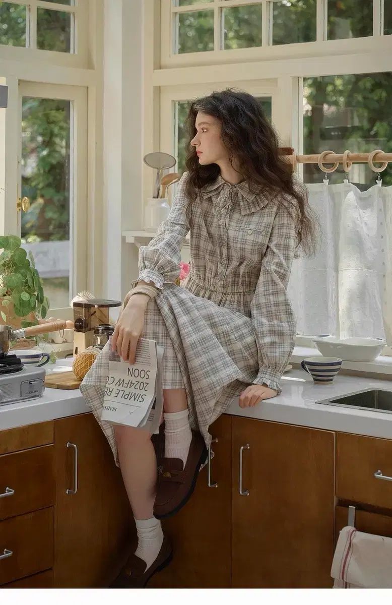 55 シンプルレトロ リーリボンカラ ヴィンテージ CHECK ロング ONE PIECE ビンテージワンピース