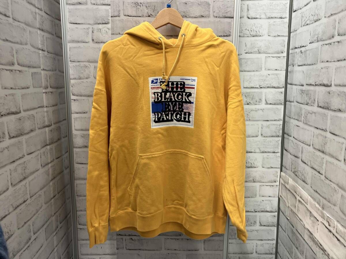 BlackEyePatch|LABEL HOODIE|プルオーバーパーカー|Lサイズ|イエロー|センタープリント|ブラックアイパッチ|コットン|ロゴ