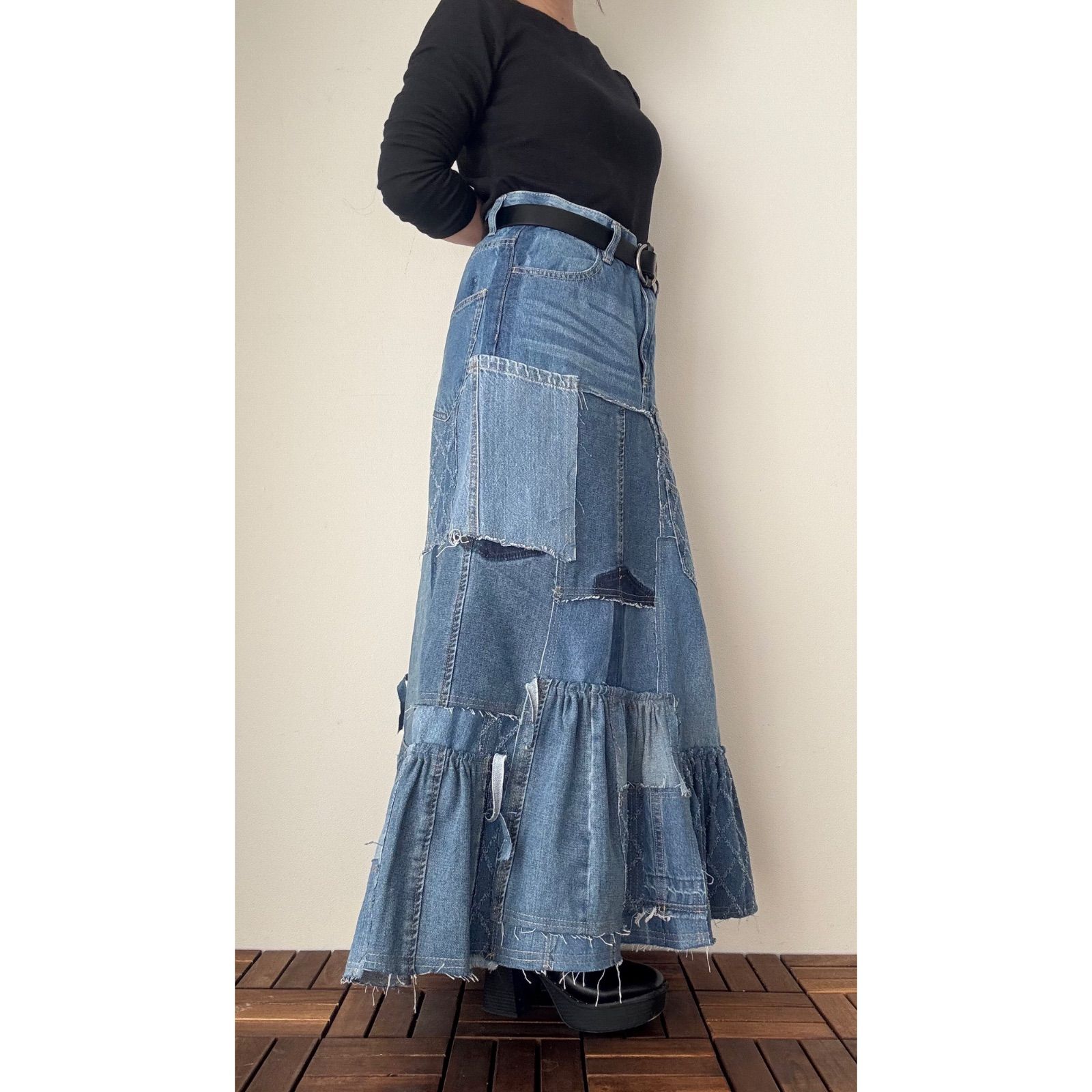 落ち着いたブルーの古着デニムで作るパッチワークロングスカート