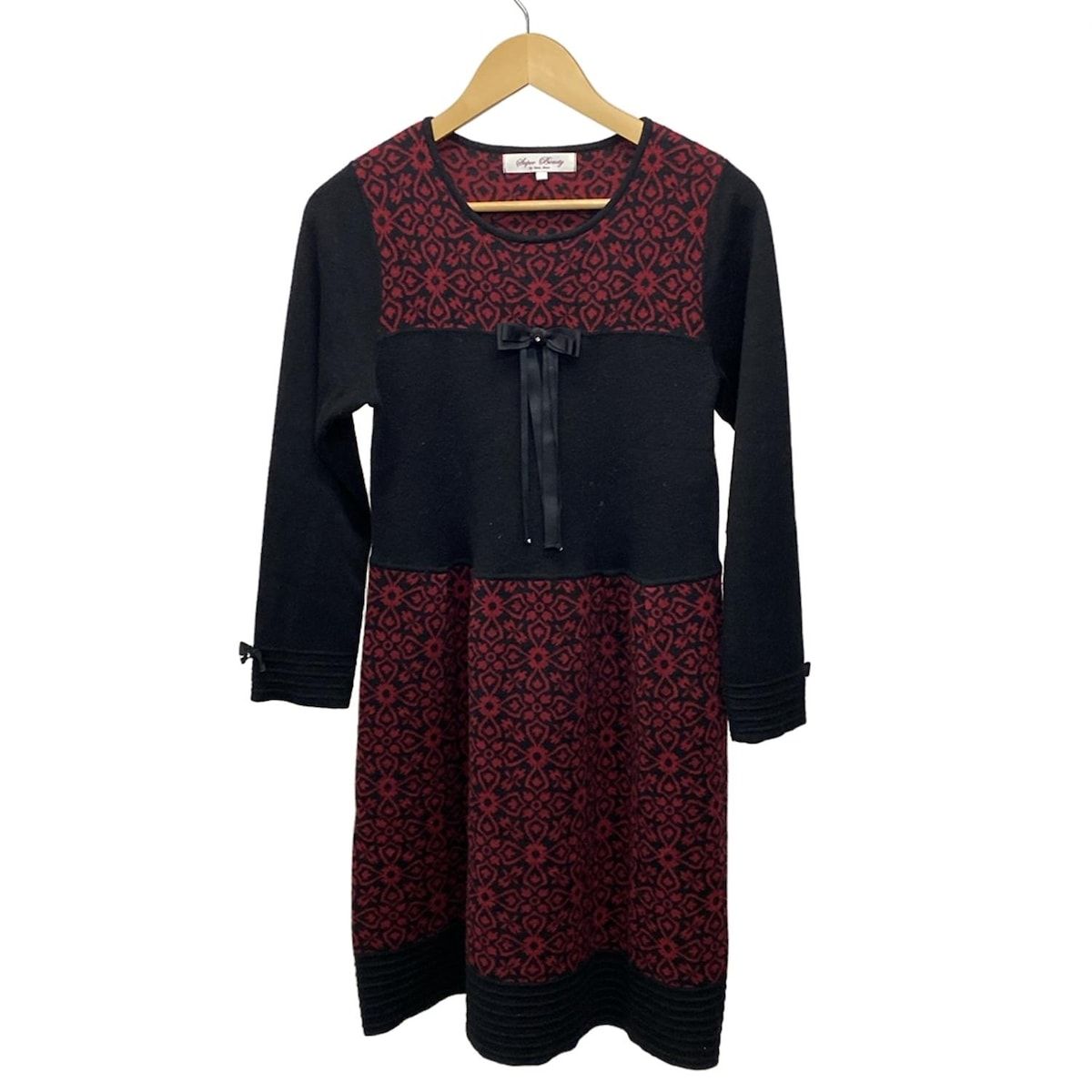 スーパービューティー　リボン付き黒の長袖ひざ丈ワンピース　44 SUPERBEAUTY(スーパービューティー) ワンピース サイズ44 L レディース