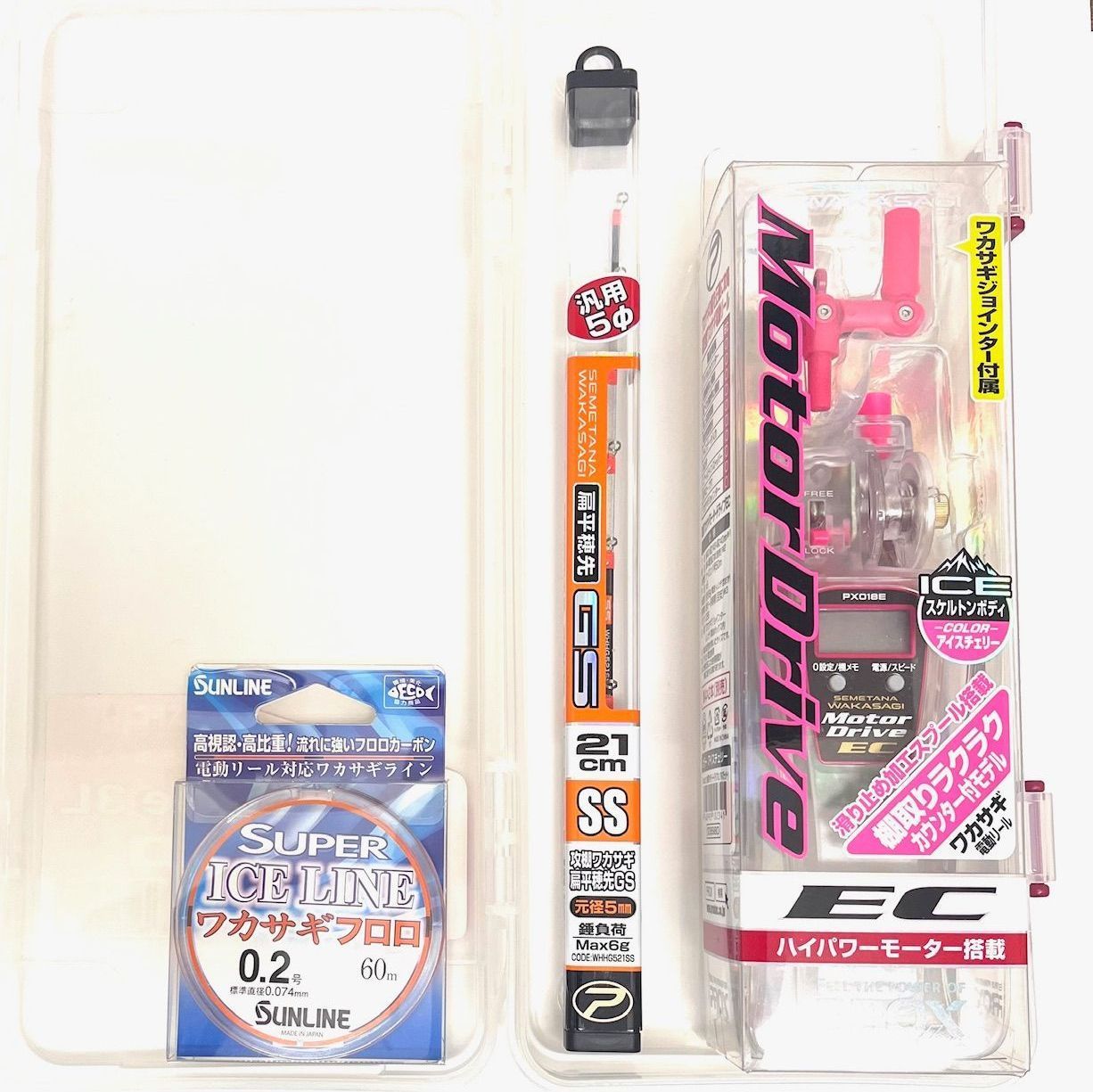 プロックス 攻棚ワカサギモータードライブEC 穂先 PEラインセット 収納ケース付き 10 cm刻みデジタルカウンター付 アイスチェリー 選べる穂先 S|SS|3 S アクション PROX