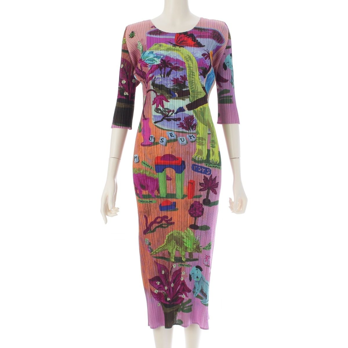 プリーツプリーズ イッセイミヤケ Nathalie Lete ナタリーレテ 恐竜の楽園 アニマル柄 ワンピース ドレス PP 61-JH 553 パープル系 マルチカラー 3