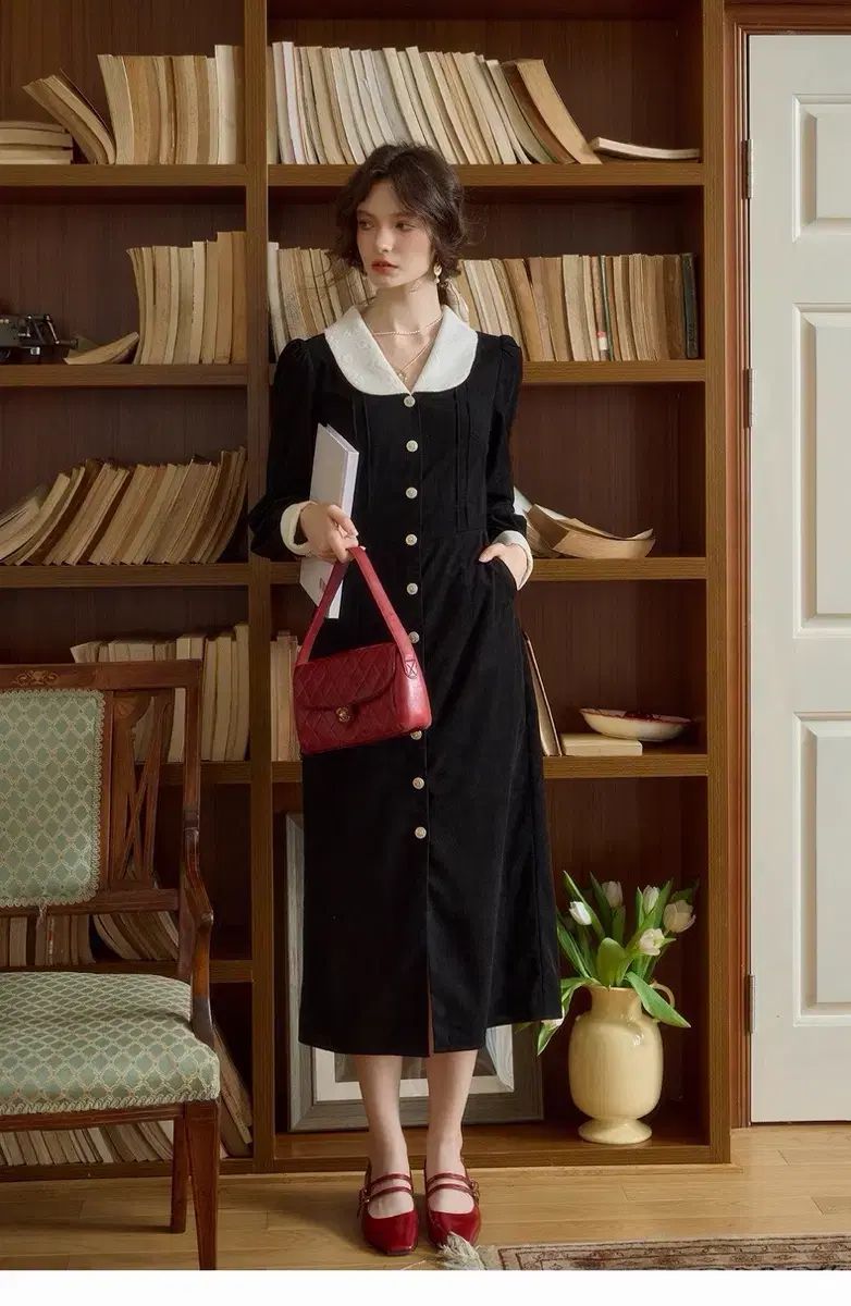  55 シンプルレトロツアーベルベット ブラック ネック Long ONE PIECE ゲストルックオフィスルック 長袖 七分袖 その他